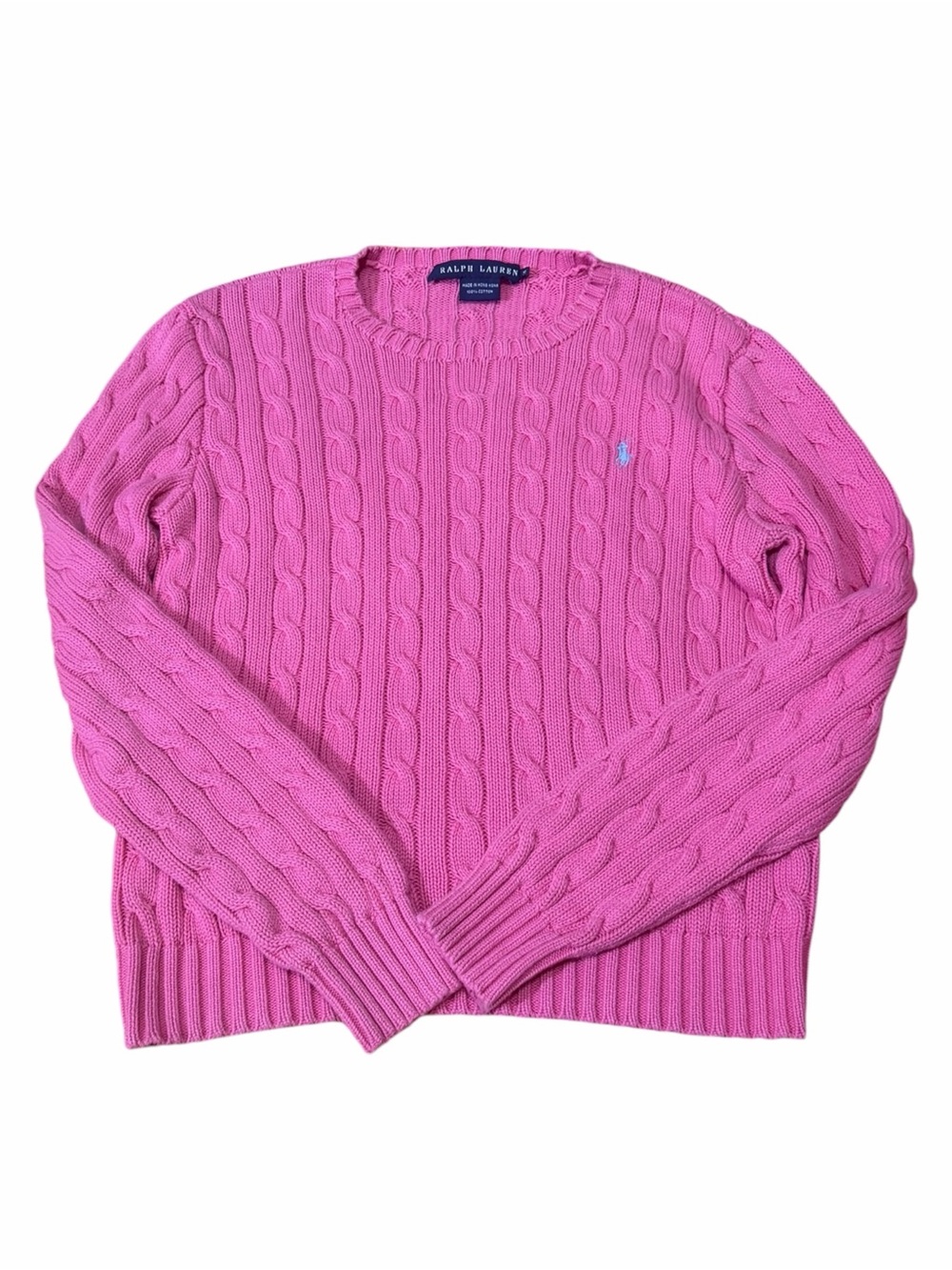 Classic Ralph Lauren Pink Cotton Cable Knit Crewneck Sweater Li. Blue Pony Sz M